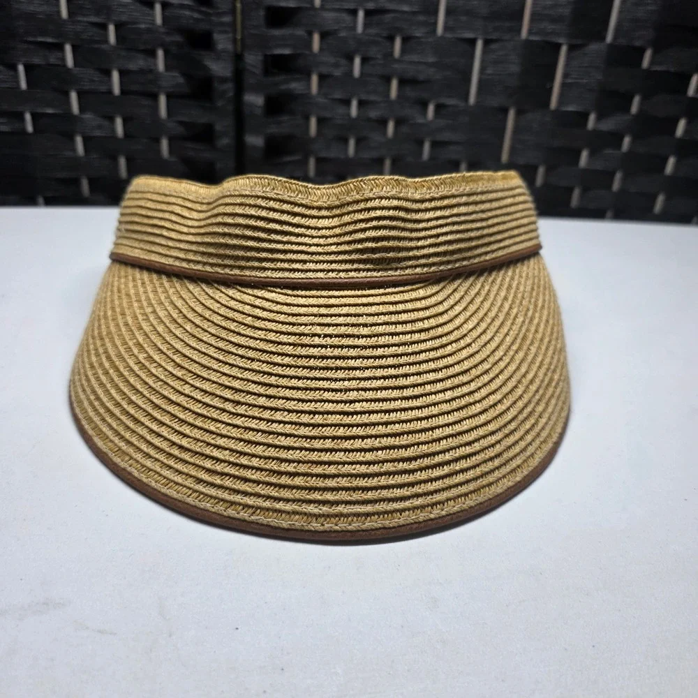Nine West Straw Sun Visor Hat Tan Brown Woven Adjustable Hook Loop One Size